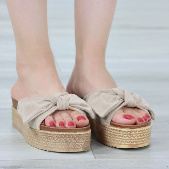 Suede Nude Bow Comfort Platform Sandal Slip On Sliders - Picture 14 of 14